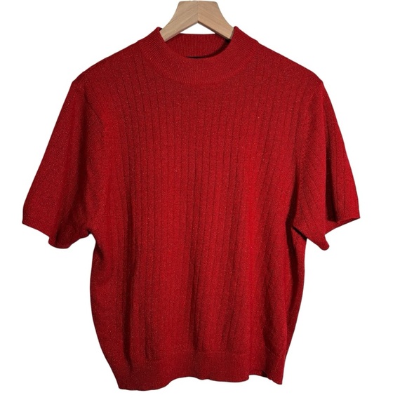 Sag Harbor Red Metallic Shimmer Mock Neck Sweater Short Sleeve Size Large - Picture 1 of 11